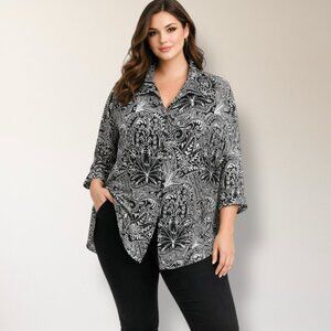 White Stag 26W 28W Black‎ White Paisley Button Front Tunic Blouse Boho Art